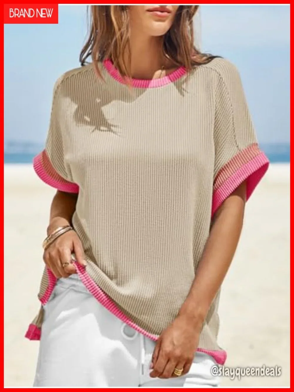 Womens Color Block Oversized Short Sleeve T-Shirt Casual Textured Ribbed Knit